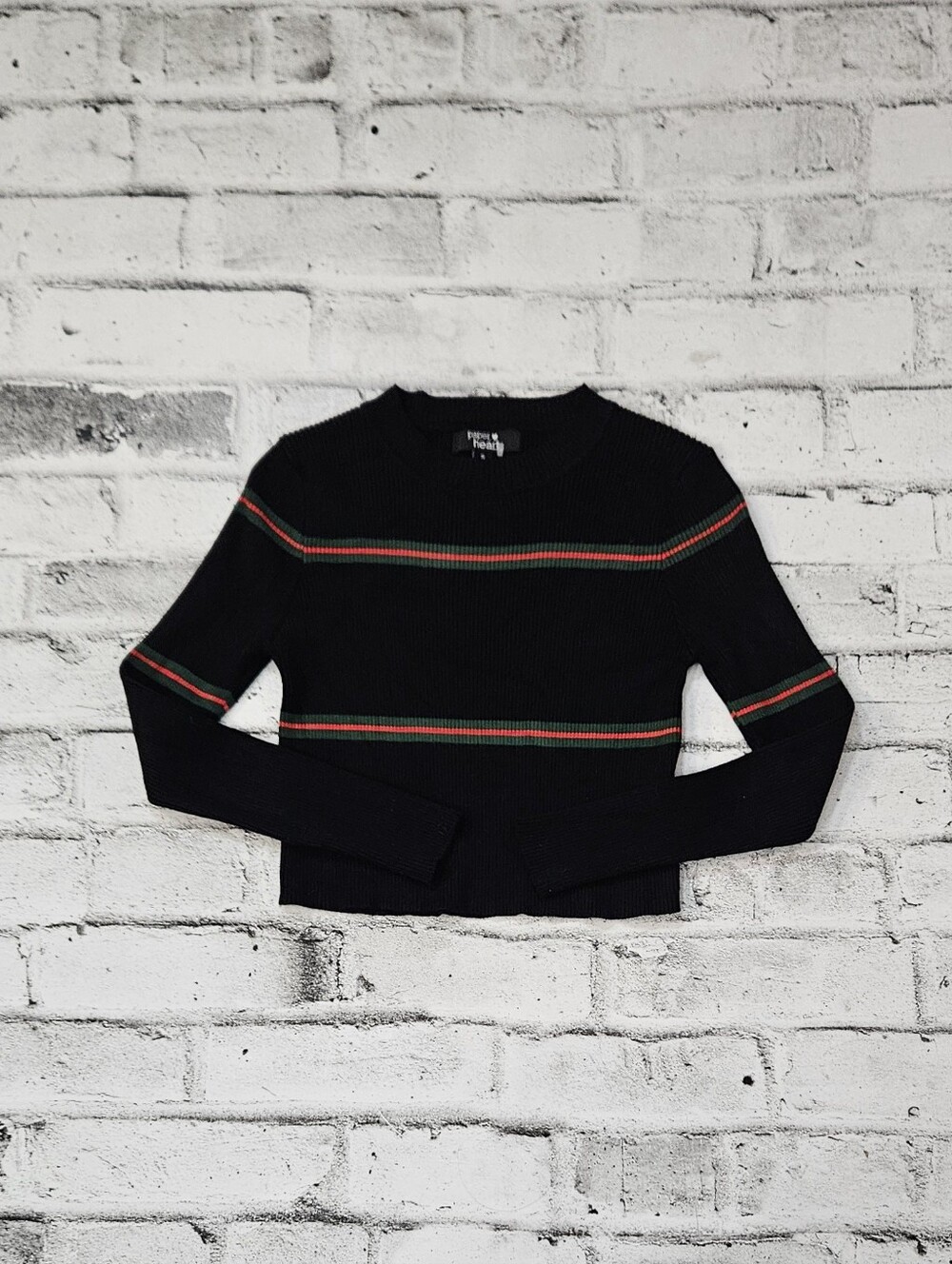 Paper Heart Black Ribbed Stripe Cropped Sweater Red Green Size S